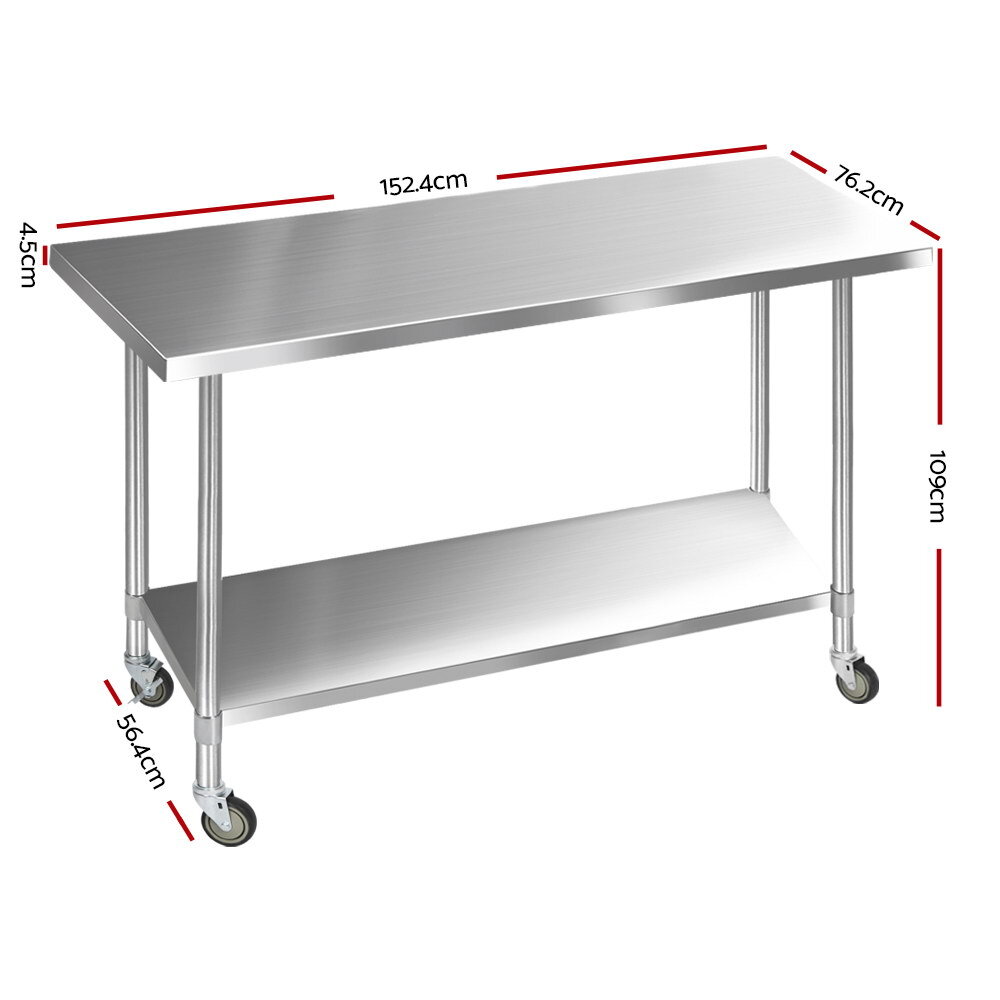 Cefito 1524 x 762mm Commercial Stainless Steel Kitchen Bench with 4pcs ...