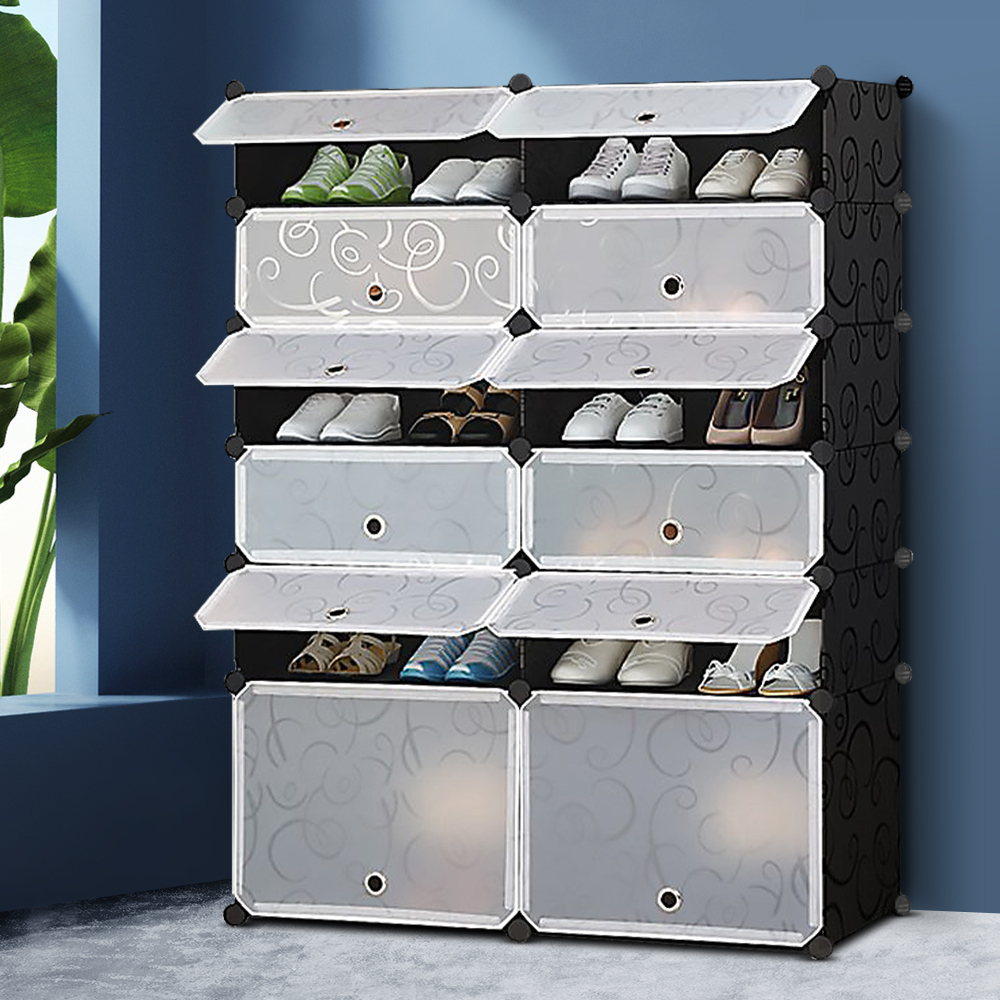 12 Cube Stackable Shoe Rack Storage Cabinet - Black & White