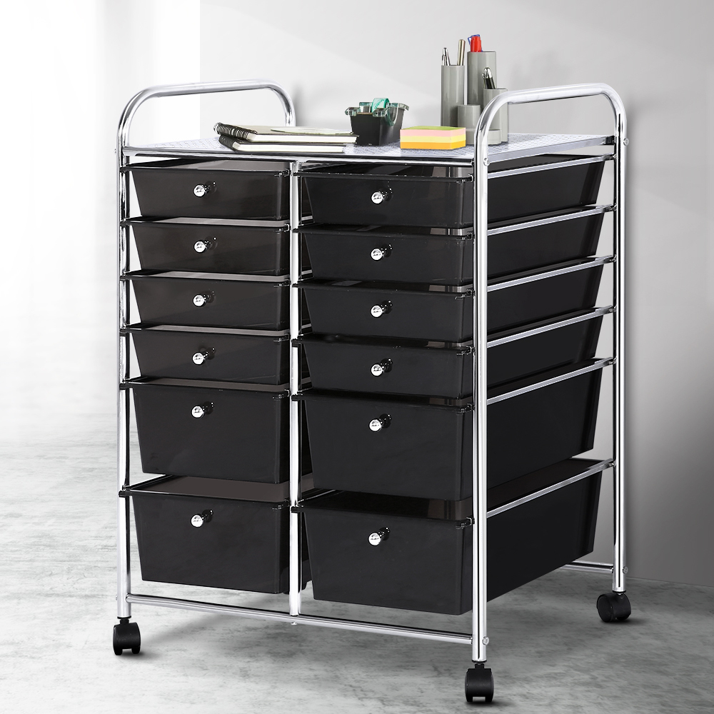 12 Drawer Kithchen Storage Trolley Portable Rolling Cart Black