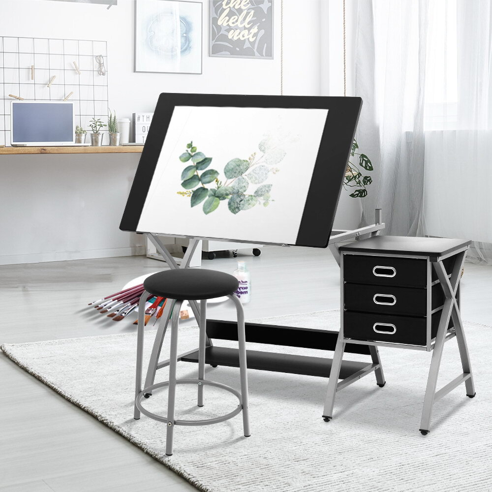 Artiss Drawing Desk With Stool Adjustable Tilt Drafting Table Metal