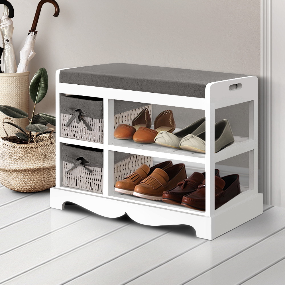 Artiss Shoe Cabinet Bench Rack Wooden Storage Organiser Shelf Stool 2 ...