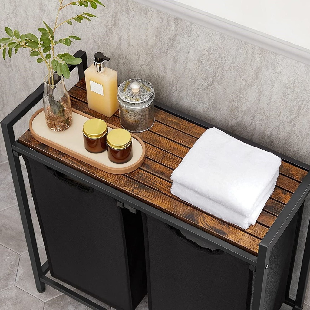 VASAGLE Laundry Basket with Shelf and Pull-Out Bags Rustic Brown and ...