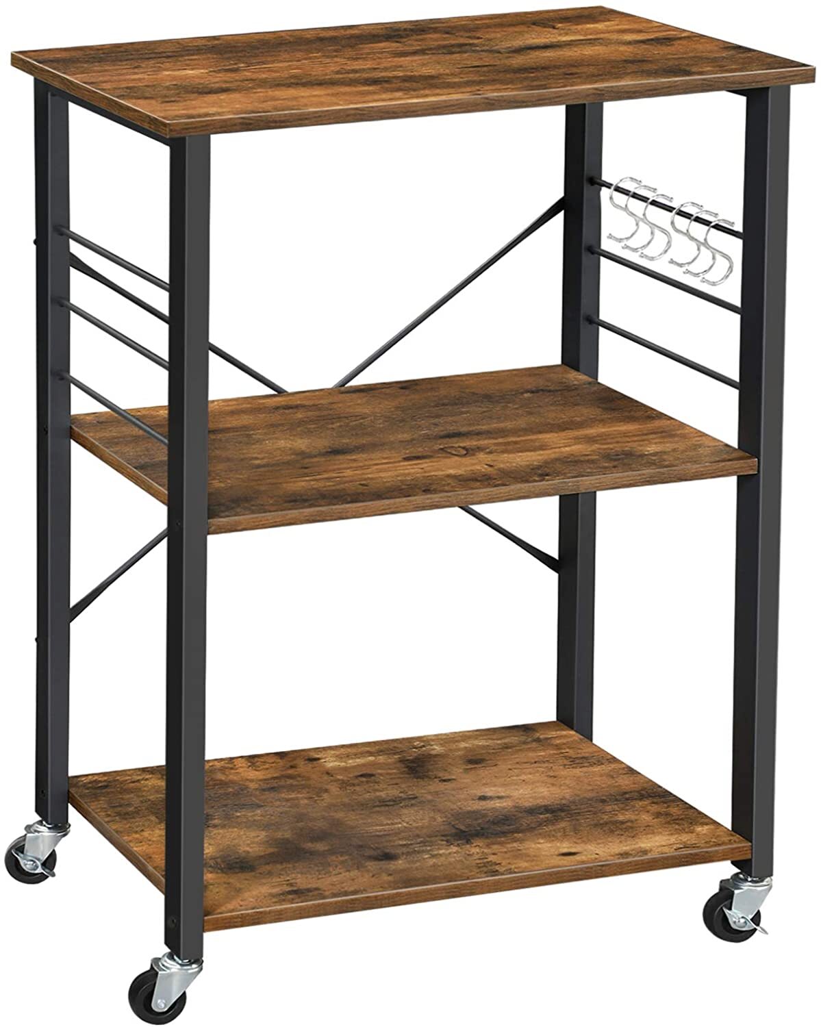 Kitchen Baker's Rack, 3-Tier Serving Cart with Metal Frame and 6 Hooks ...