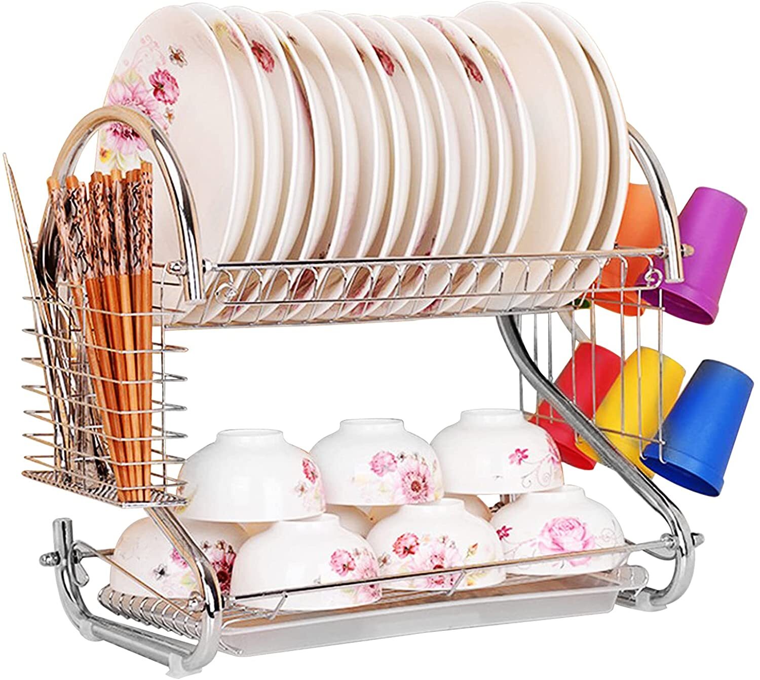 Metal Dish Drying Rack Kitchen 2 Tier With Drain Board   V178 17945 