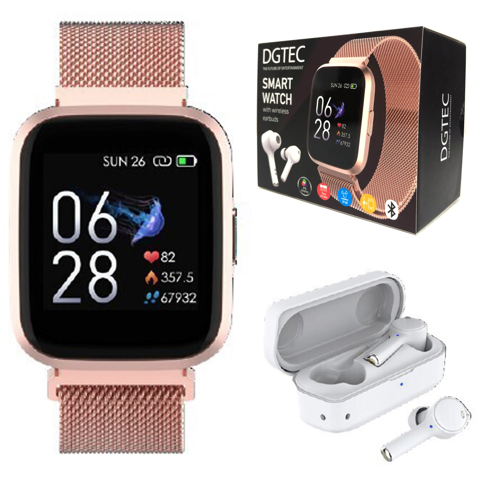 DGTEC 1.4 IPS Rose Gold Smart Fitness Watch with Wireless Earbuds Bundle