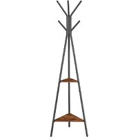 Black Coat Rack Stand Industrial Style 2 Shelves Clothes