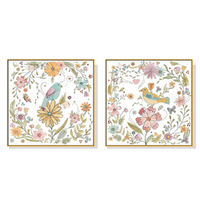 Wall Art 70cmx70cm Floral birds 2 Sets Gold Frame Canvas