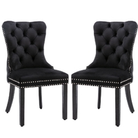 2x Velvet Dining Chairs Upholstered Tufted Kithcen Chair with Solid Wood Legs Stud Trim and Ring-Black