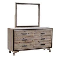 Dresser with 6 Storage Drawers in Solid Acacia With Mirror in Silver Brush Colour