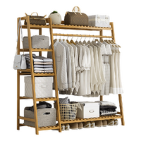 Portable Clothes Rack Coat Garment Stand Bamboo Rail Hanger Airer Closet