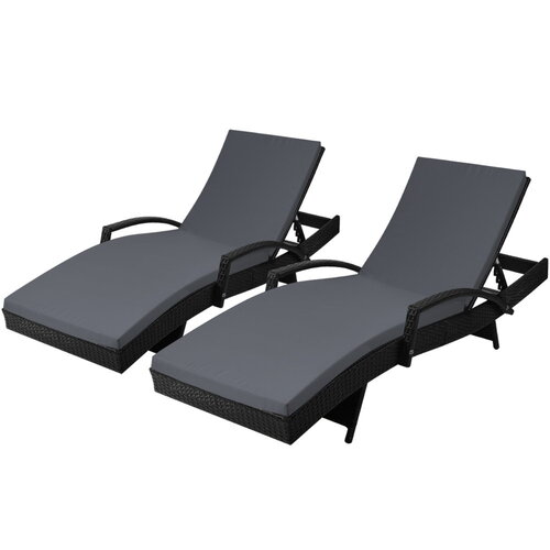 Gardeon 2PC Sun Lounge Wicker Lounger Outdoor Furniture Beach Chair Patio Adjustable Cushion Black