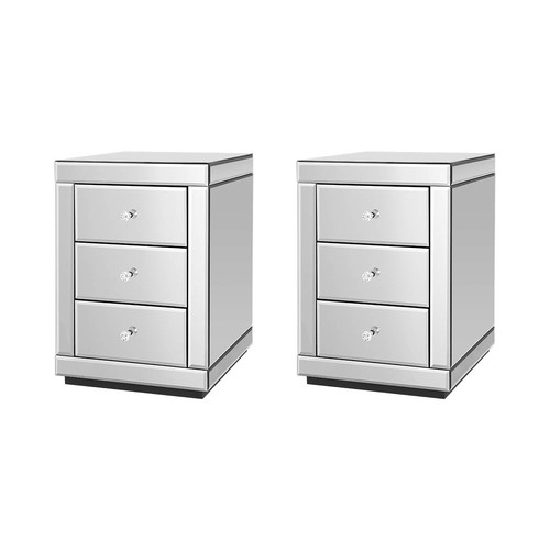 Artiss Set of 2 Bedside Table 3 Drawers Mirrored Glass - PRESIA Silver