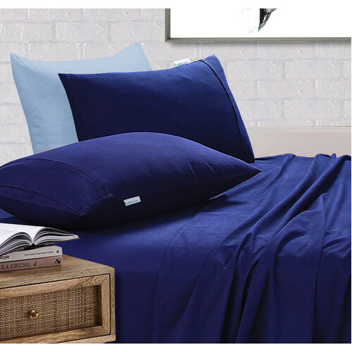 Elan Linen 100% Egyptian Cotton Vintage Washed 500TC Navy Blue Double Bed Sheets Set