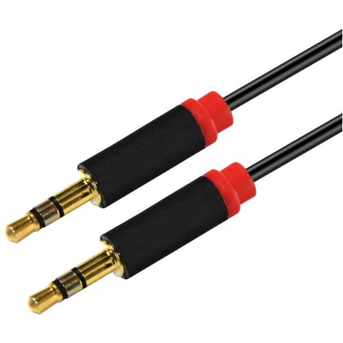 ASTROTEK 2m Stereo 3.5mm Flat Cable Male to Male Black with Red Mold - Audio Input Extension Auxiliary Car Cord