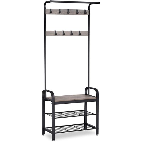 Greige and Black Steel Freestanding Coat Rack Stand with Removable Hooks, Bench and Shoe Rack, Height 183 cm