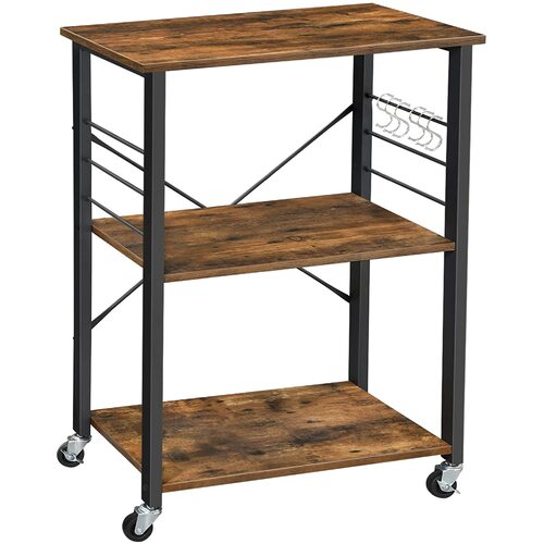 Kitchen Baker's Rack,  3-Tier Serving Cart with Metal Frame and 6 Hooks, Rustic Brown