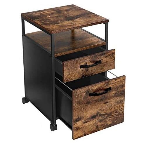 File Cabinet with 2 Drawers, Wheels and Open Compartment Rustic Brown and Black