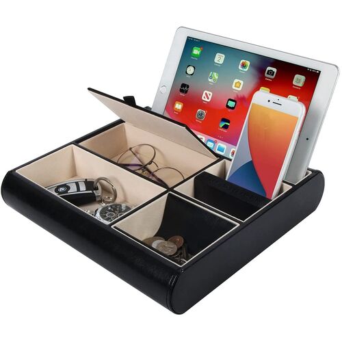 Valet Tray Leather Multi Catch Storage Box for Jewellery Accessories, Keys, Phone, Wallet, Coin, Jewellery (Black)