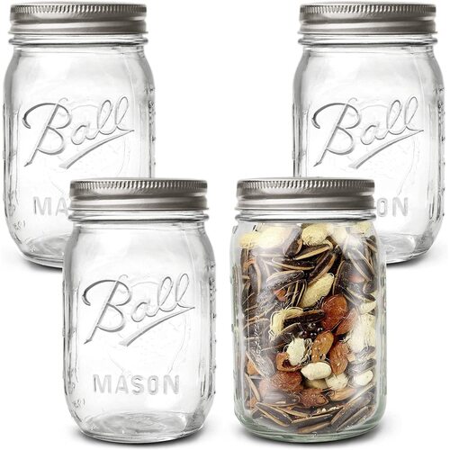 4 Pieces Canning Jars - 480ml Mason Jar Empty Glass Spice Bottles with Airtight Lids and Labels