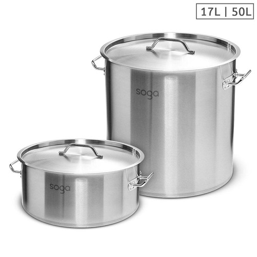 SOGA 17L Wide Stock Pot  and 50L Tall Top Grade Thick Stainless Steel Stockpot 18/10