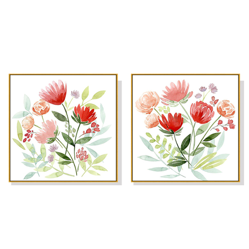 Wall Art 60cmx60cm Florals 2 Sets Gold Frame Canvas