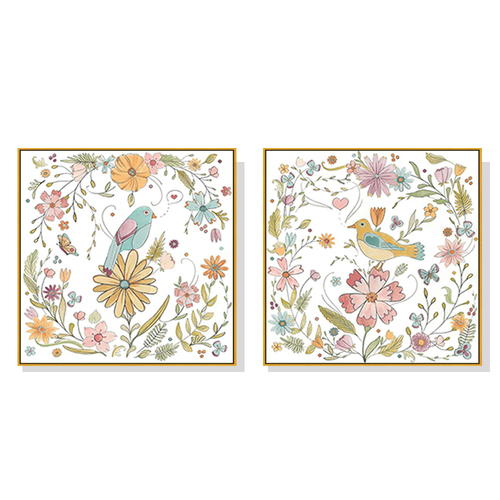 Wall Art 70cmx70cm Floral birds 2 Sets Gold Frame Canvas