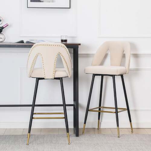 2x Velvet Bar Stool Gold Metal Legs Barstool Kitchen Nailhead Dining Chair