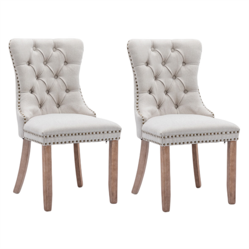 AADEN Modern Elegant Button-Tufted Upholstered Fabric with Studs Trim and Wooden legs Dining Side Chair-Beige