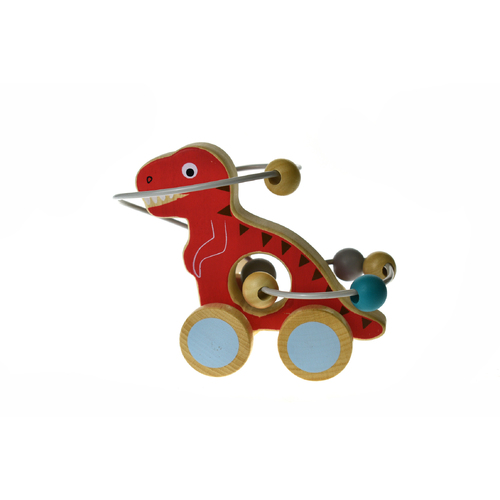 WOODEN DINOSAUR BEAD MAZE ON WHEEL RED