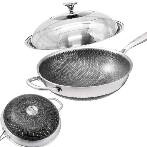 32cm 316 Stainless Steel Non-Stick Stir Fry Cooking Kitchen Wok Pan with Lid Honeycomb Double Sided