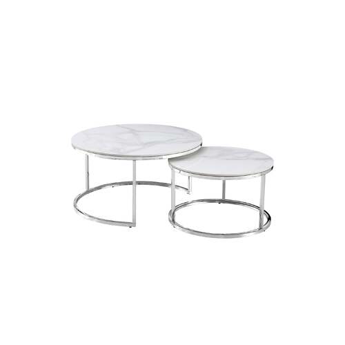 Nesting Style Coffee Table - White on Silver Stainless Steel - 80cm/60cm