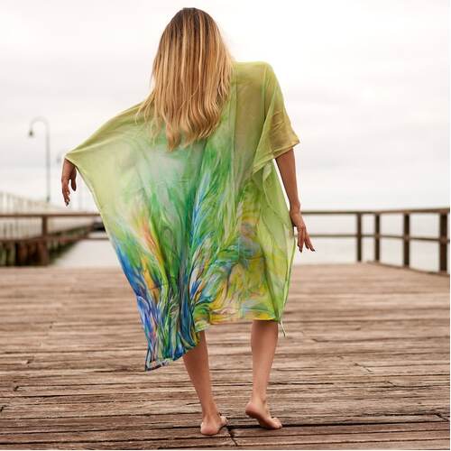 Linen Connections Trendy Silk Kaftan For Women Long Caftan Resort Wear Vacation Beach Dress Boho Silk Dress Kaftan Floral Print Gift For Her | Green