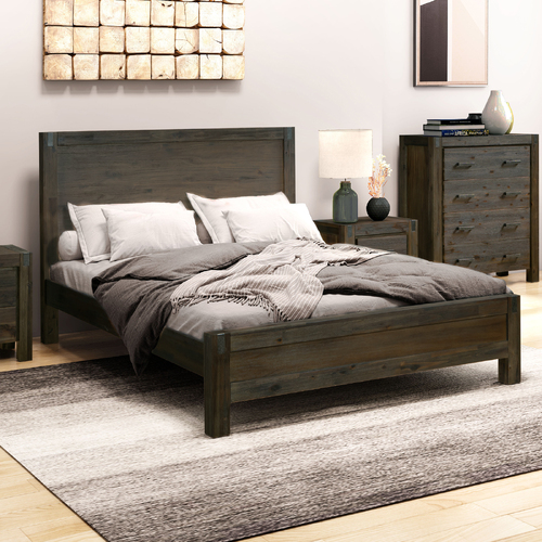 Bed Frame King Size in Solid Wood Veneered Acacia Bedroom Timber Slat in Chocolate