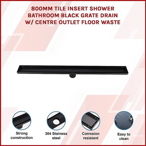 800mm Tile Insert Shower Bathroom Black Grate Drain w/Centre outlet Floor Waste