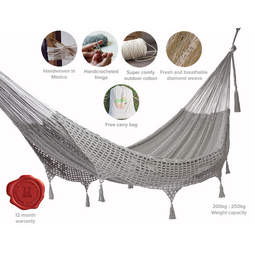 Outdoor undercover cotton Mayan Legacy hammock with hand crocheted tassels King Size Dream Sands