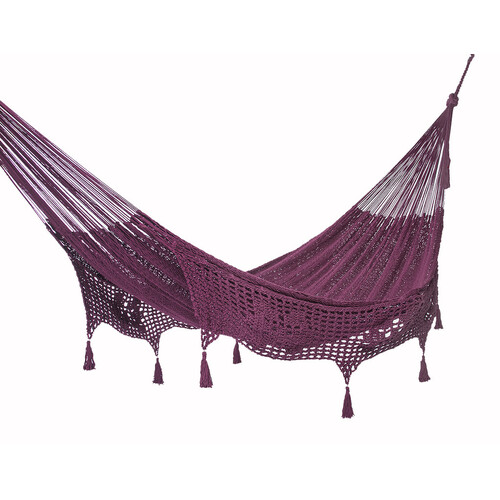 Outdoor undercover cotton Mayan Legacy hammock with hand crocheted tassels King Size Maroon