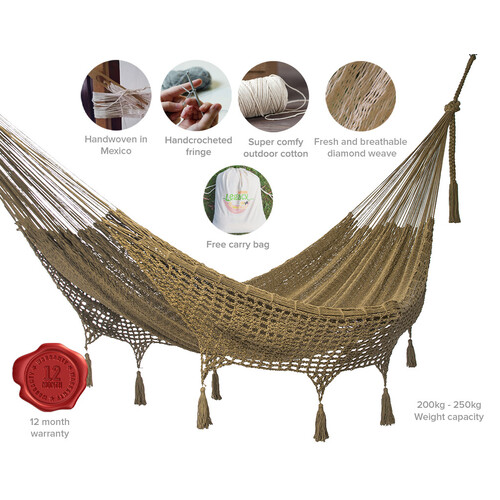 Outdoor undercover cotton Mayan Legacy hammock with hand crocheted tassels Queen Size Cedar