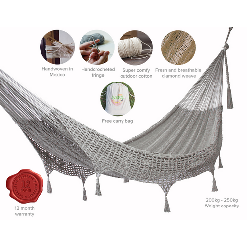 Outdoor undercover cotton Mayan Legacy hammock with hand crocheted tassels Queen Size Dream Sands